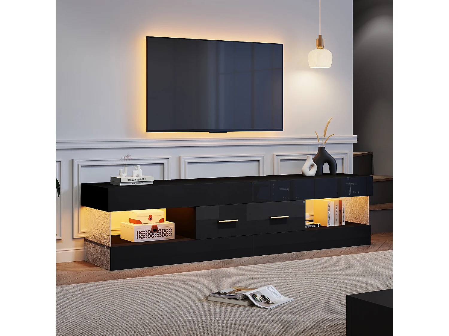 Meuble TV avec éclairage LED 152x35x40 cm - 2 tiroirs et rangements ouverts - Plateau en verre acrylique - Noir