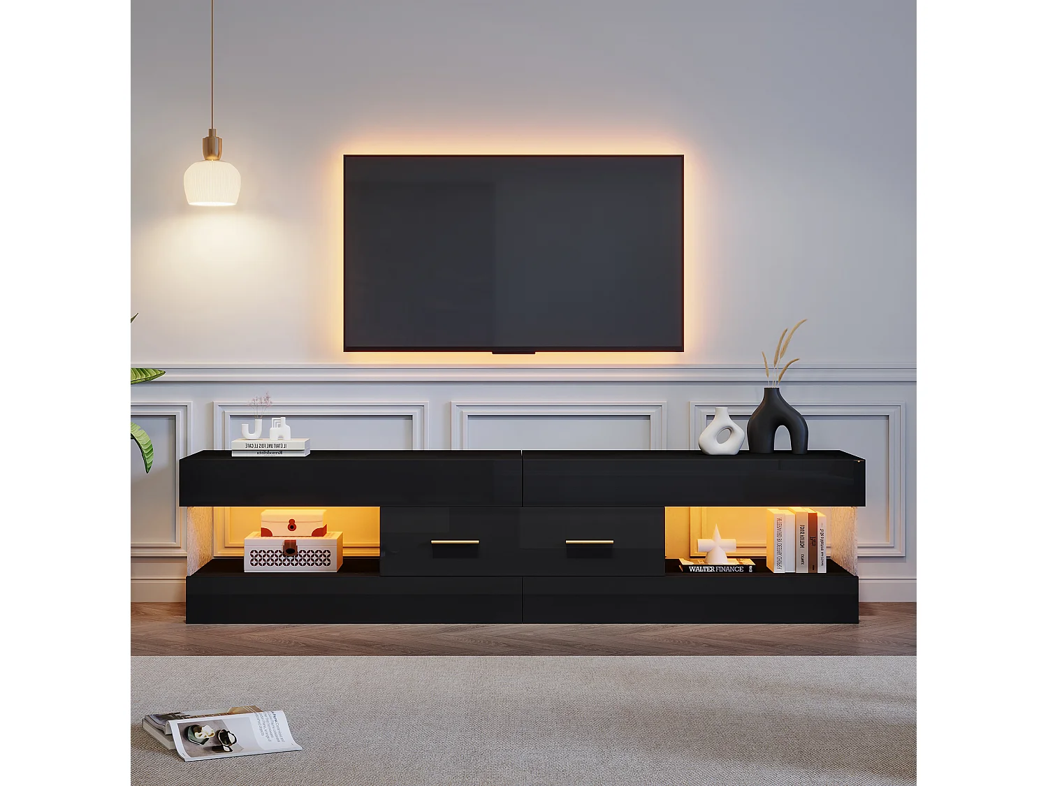 Meuble TV avec éclairage LED 152x35x40 cm - 2 tiroirs et rangements ouverts - Plateau en verre acrylique - Noir