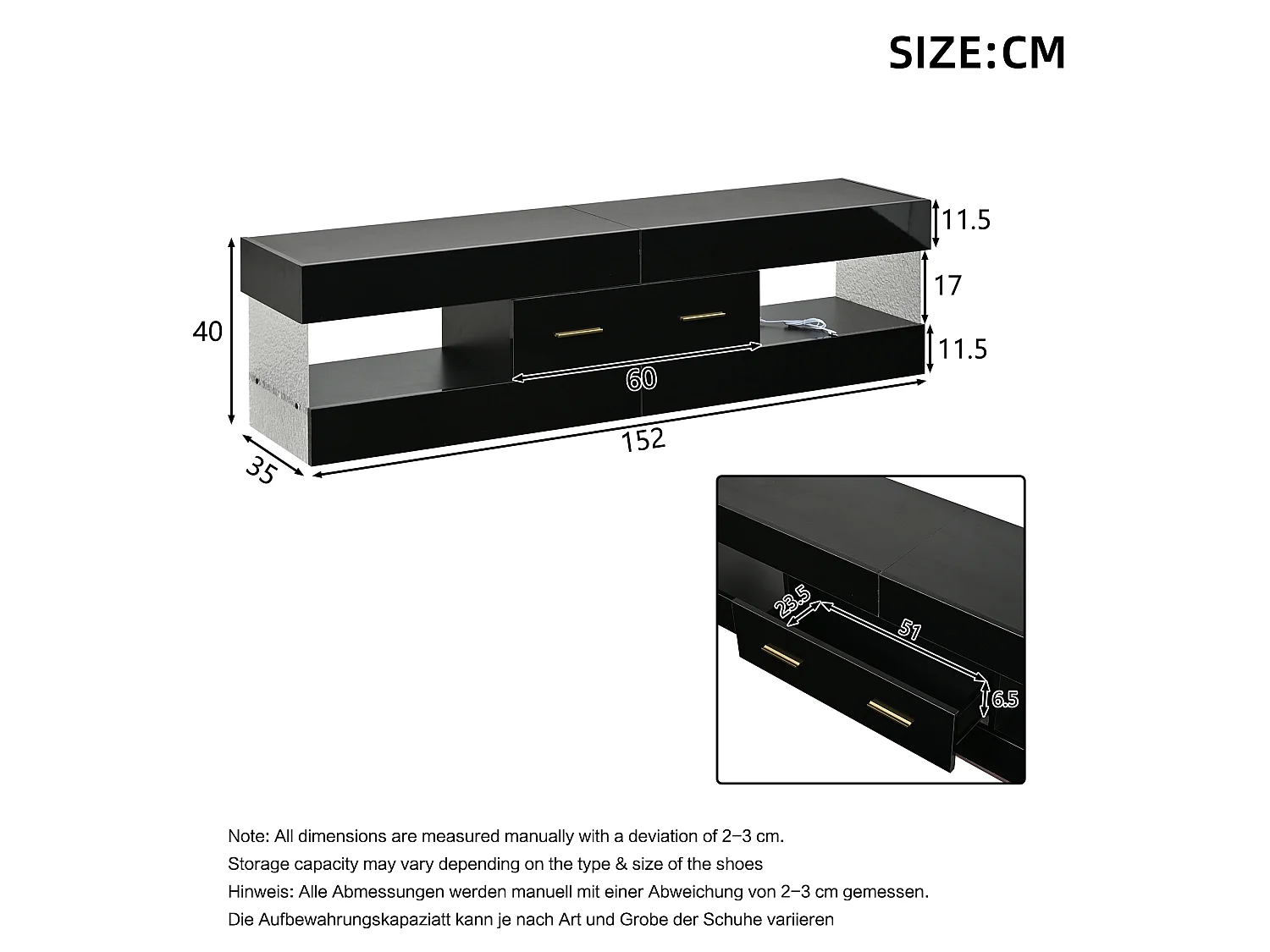 Meuble TV avec éclairage LED 152x35x40 cm - 2 tiroirs et rangements ouverts - Plateau en verre acrylique - Noir