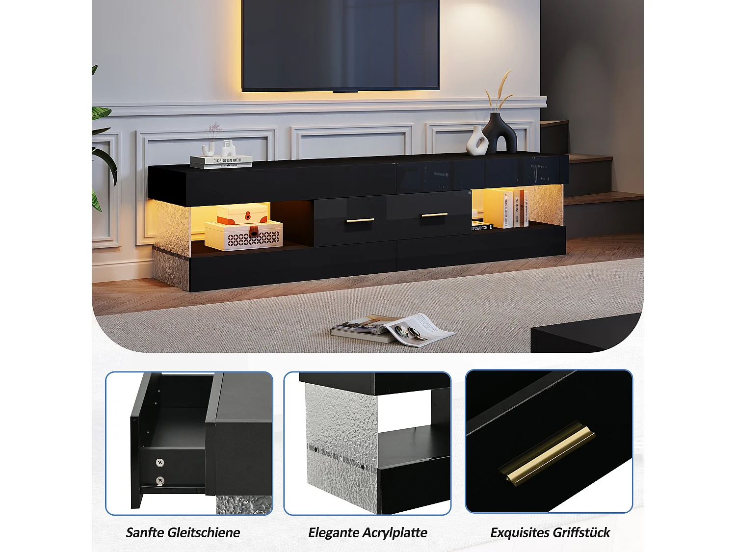 Meuble TV avec éclairage LED 152x35x40 cm - 2 tiroirs et rangements ouverts - Plateau en verre acrylique - Noir