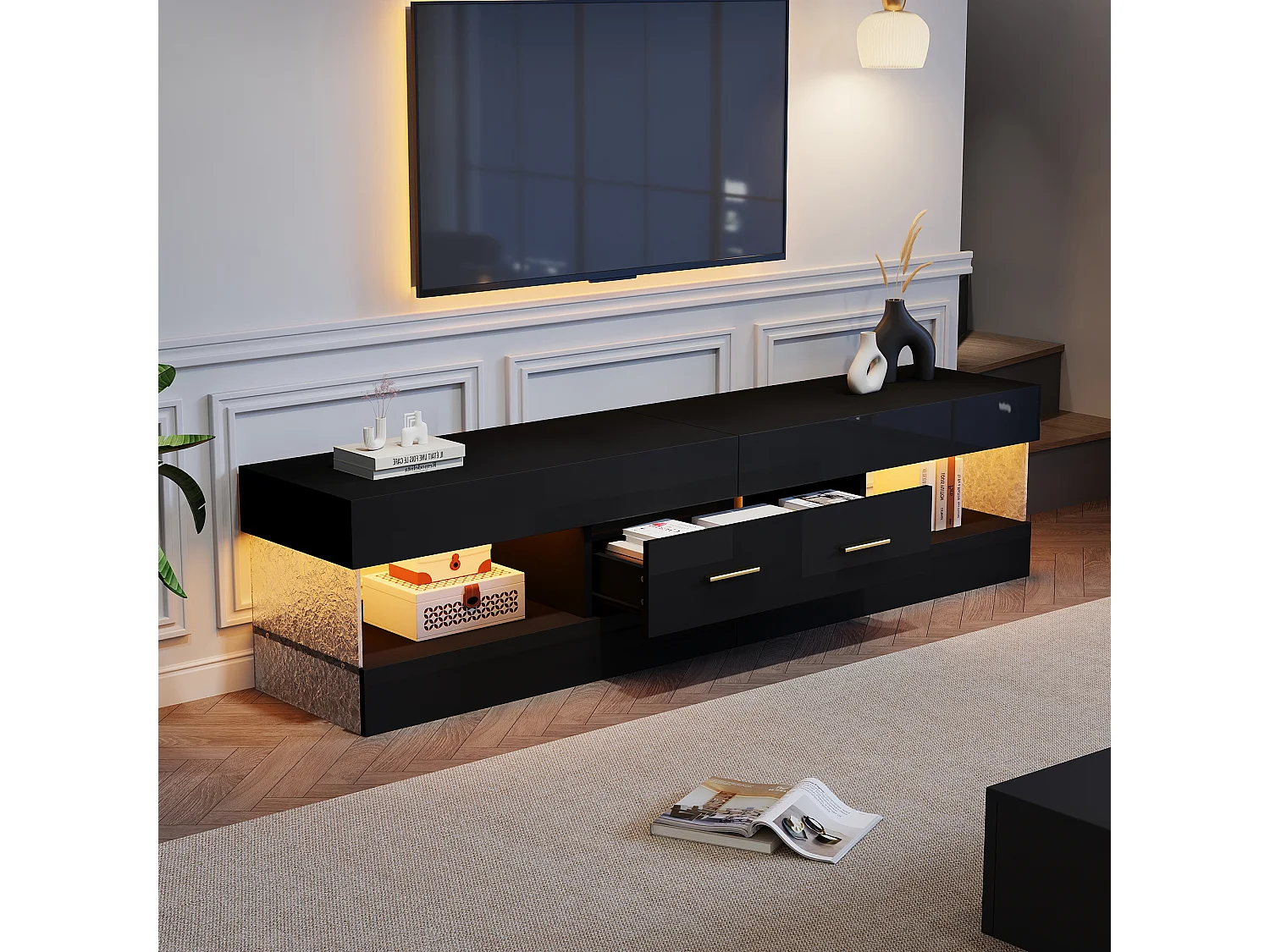 Meuble TV avec éclairage LED 152x35x40 cm - 2 tiroirs et rangements ouverts - Plateau en verre acrylique - Noir