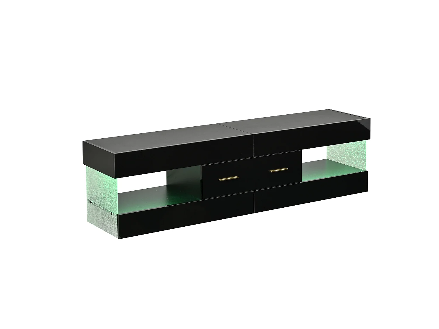 Meuble TV avec éclairage LED 152x35x40 cm - 2 tiroirs et rangements ouverts - Plateau en verre acrylique - Noir