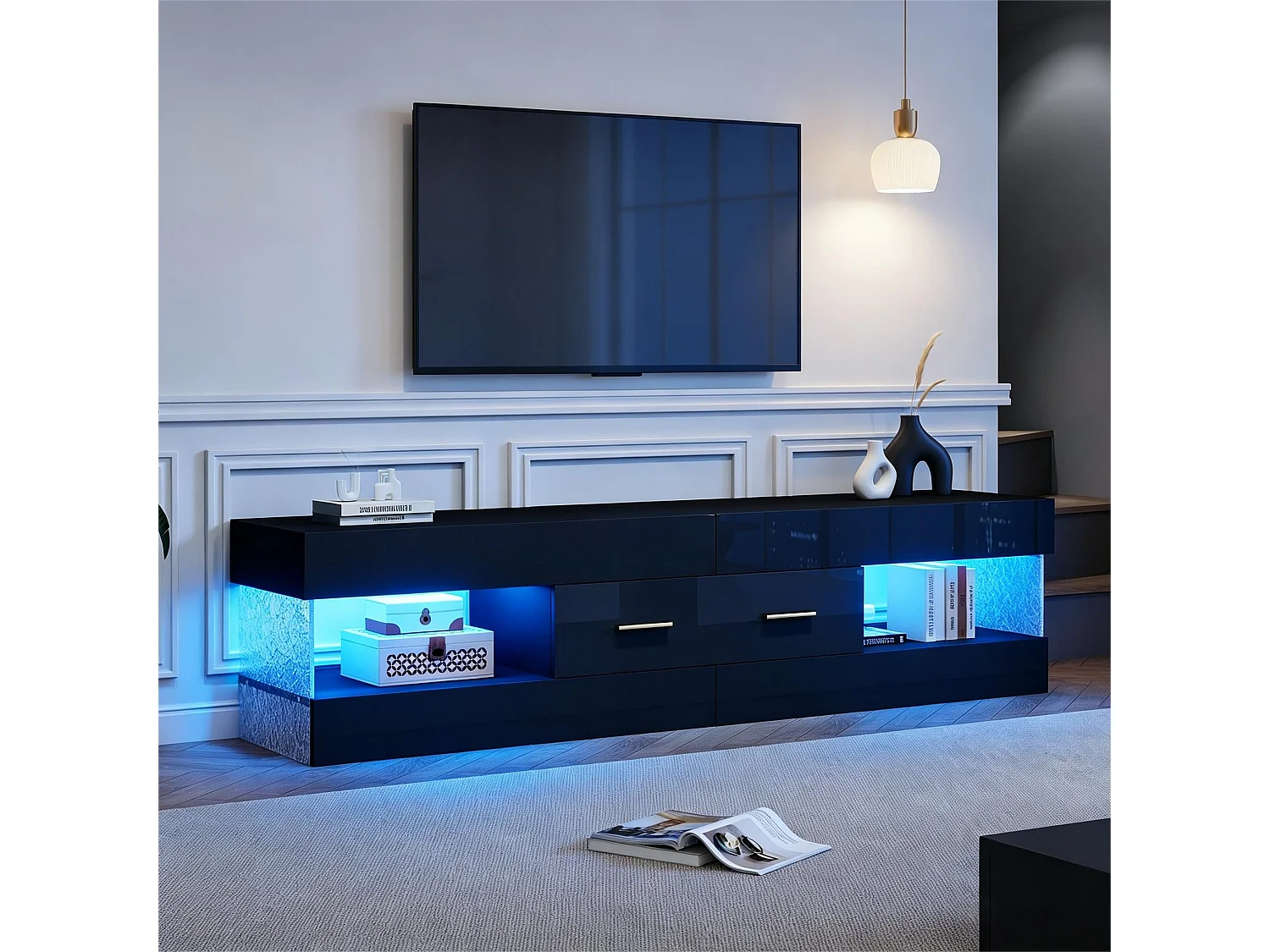 Meuble TV avec éclairage LED 152x35x40 cm - 2 tiroirs et rangements ouverts - Plateau en verre acrylique - Noir
