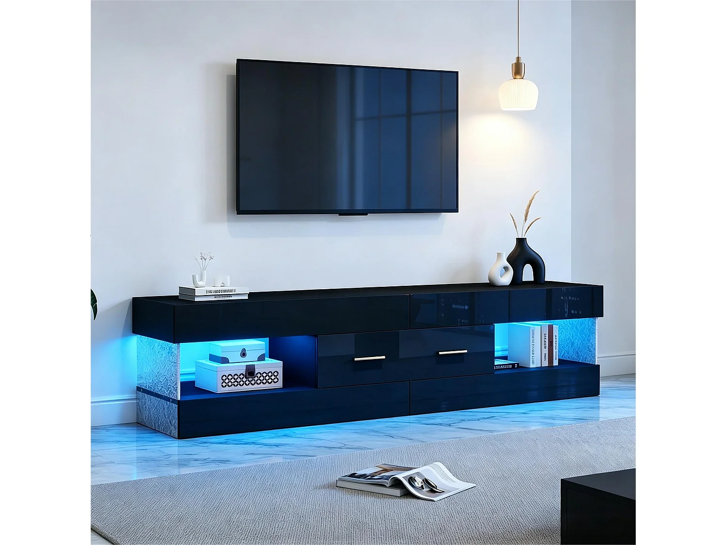 Meuble TV avec éclairage LED 152x35x40 cm - 2 tiroirs et rangements ouverts - Plateau en verre acrylique - Noir