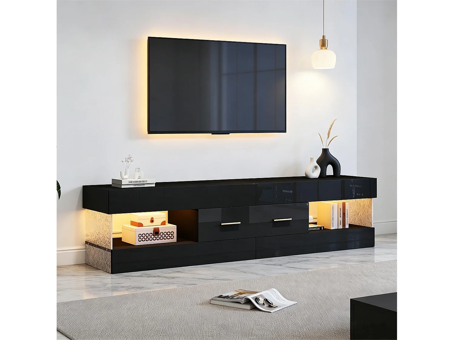 Meuble TV avec éclairage LED 152x35x40 cm - 2 tiroirs et rangements ouverts - Plateau en verre acrylique - Noir
