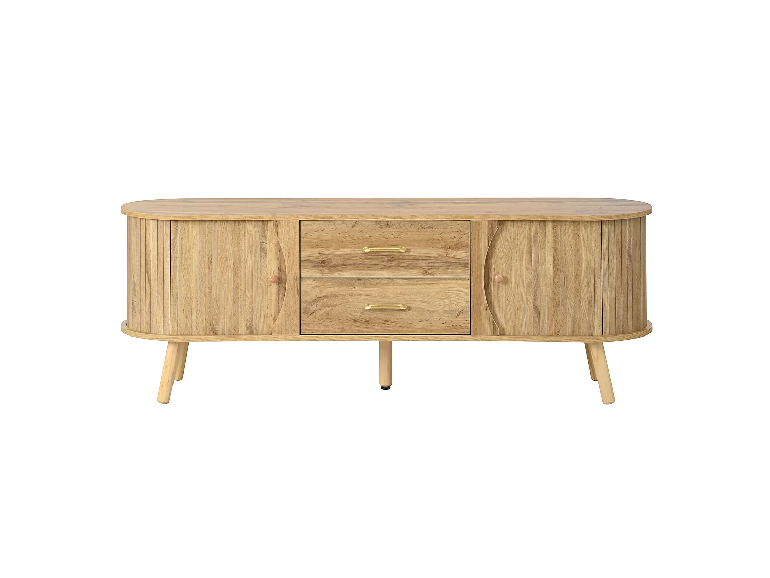 Meuble TV avec 2 portes coulissantes et 2 tiroirs, aspect bois 160x36.5x55 cm