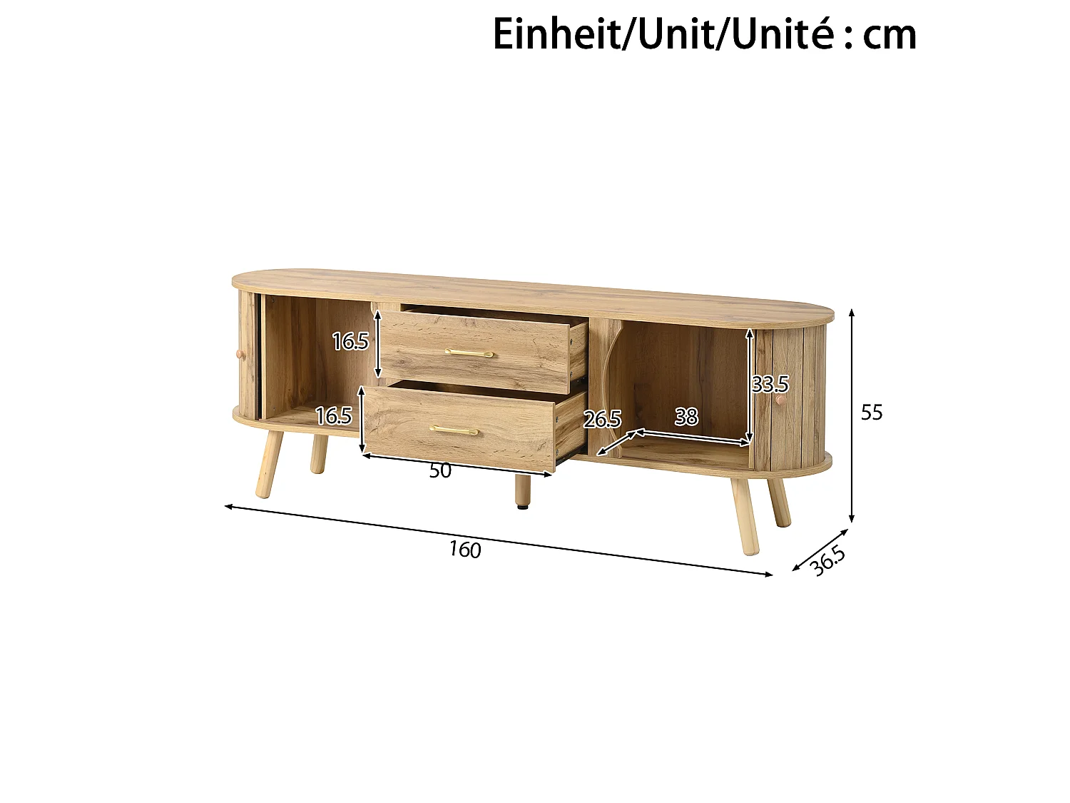 Meuble TV avec 2 portes coulissantes et 2 tiroirs, aspect bois 160x36.5x55 cm