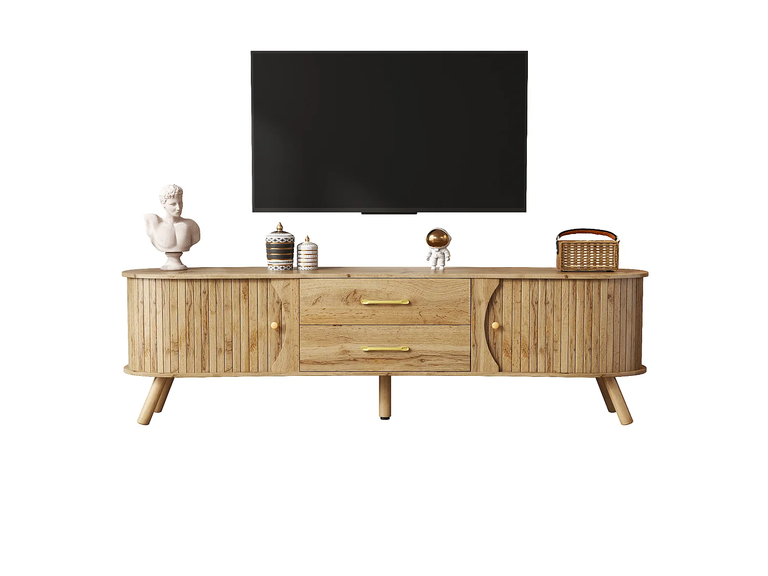 Meuble TV avec 2 portes coulissantes et 2 tiroirs, aspect bois 160x36.5x55 cm