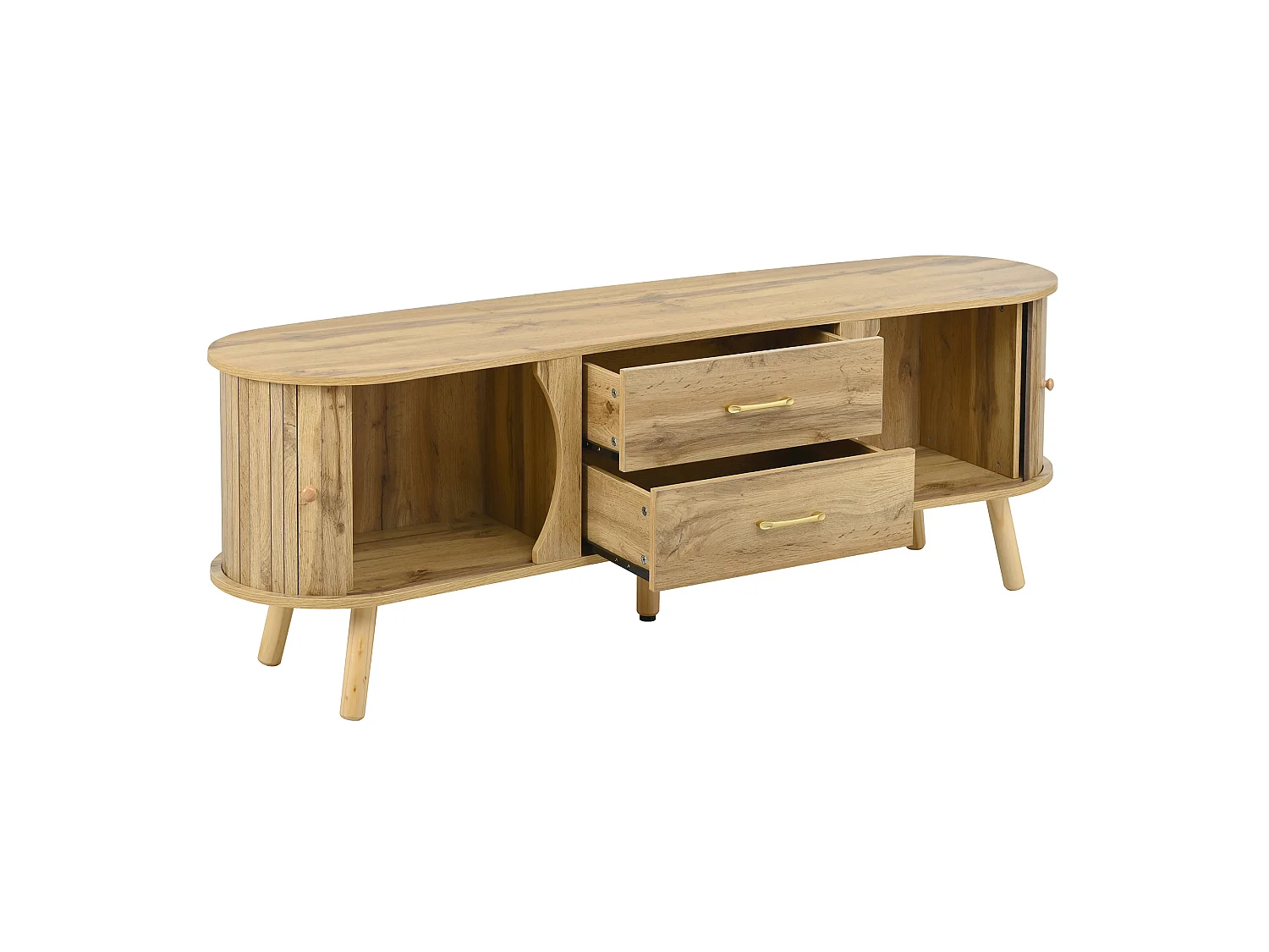 Meuble TV avec 2 portes coulissantes et 2 tiroirs, aspect bois 160x36.5x55 cm