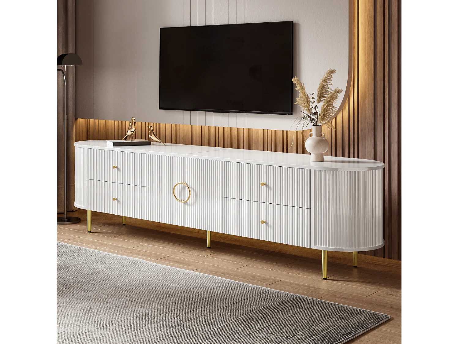 Meuble TV 180x40x38 cm - 4 tiroirs et 2 portes - Forme ovale - Texture ondulée 3D - Pieds en fer - MDF - Blanc