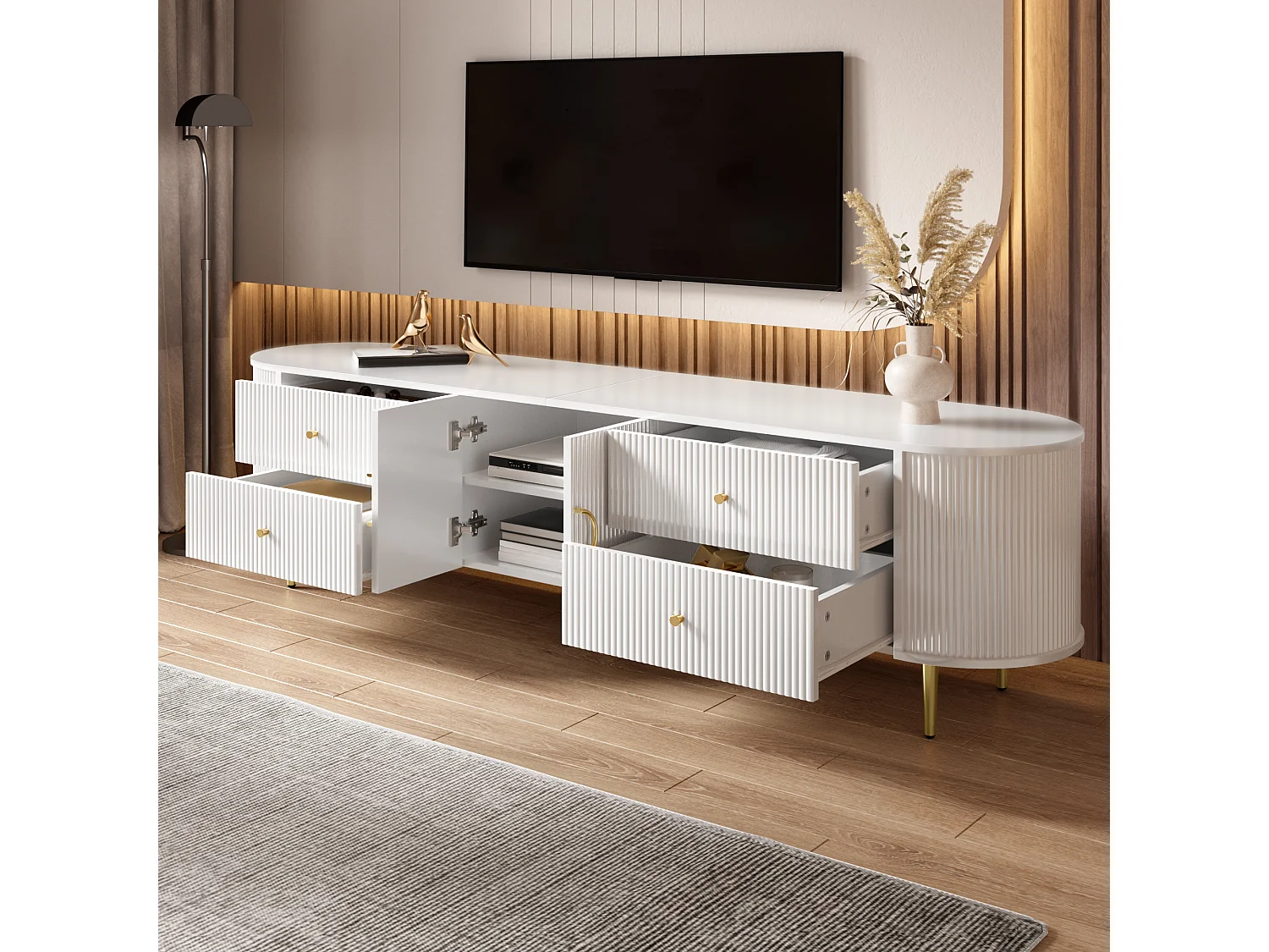 Meuble TV 180x40x38 cm - 4 tiroirs et 2 portes - Forme ovale - Texture ondulée 3D - Pieds en fer - MDF - Blanc