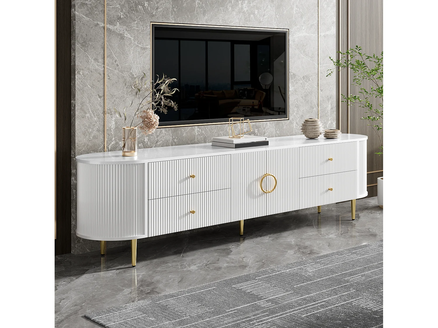 Meuble TV 180x40x38 cm - 4 tiroirs et 2 portes - Forme ovale - Texture ondulée 3D - Pieds en fer - MDF - Blanc