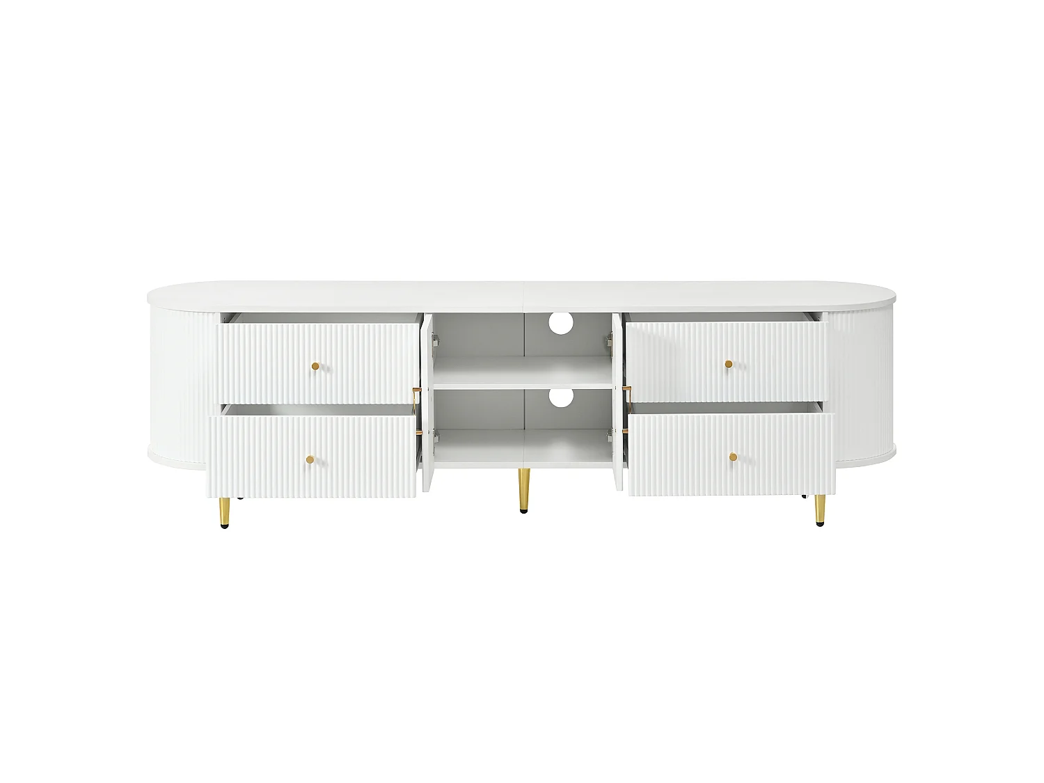 Meuble TV 180x40x38 cm - 4 tiroirs et 2 portes - Forme ovale - Texture ondulée 3D - Pieds en fer - MDF - Blanc