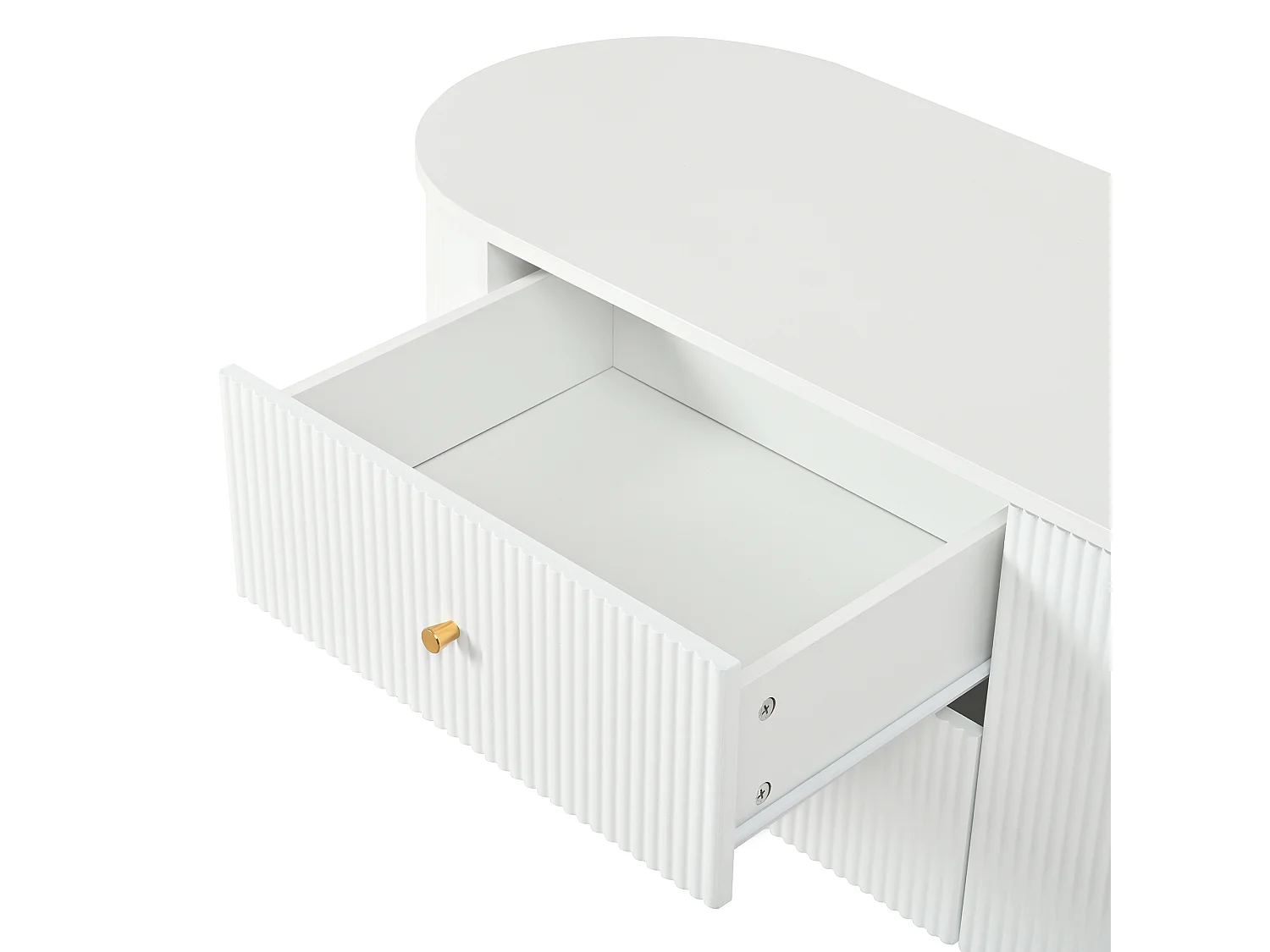 Meuble TV 180x40x38 cm - 4 tiroirs et 2 portes - Forme ovale - Texture ondulée 3D - Pieds en fer - MDF - Blanc