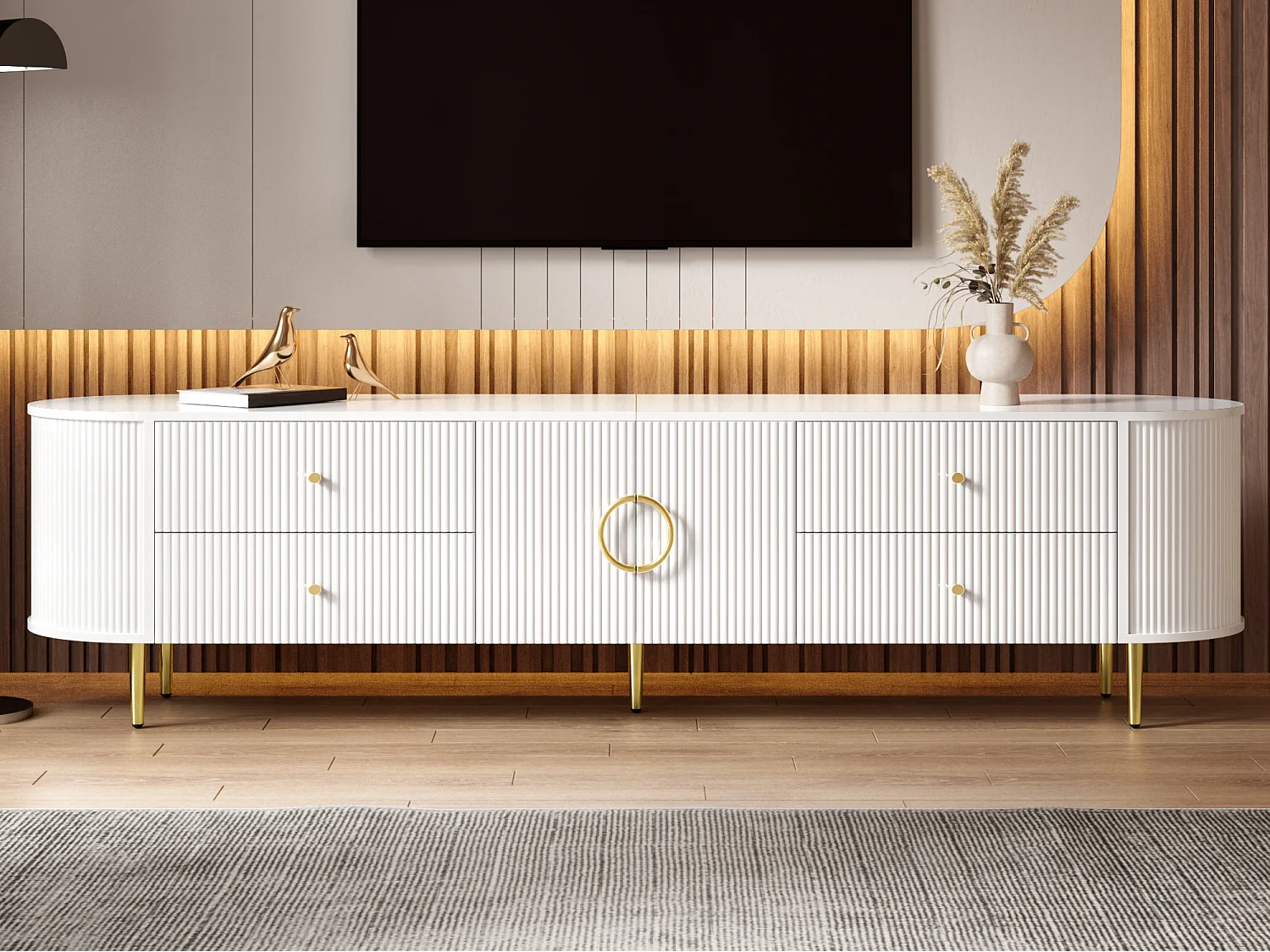 Meuble TV 180x40x38 cm - 4 tiroirs et 2 portes - Forme ovale - Texture ondulée 3D - Pieds en fer - MDF - Blanc