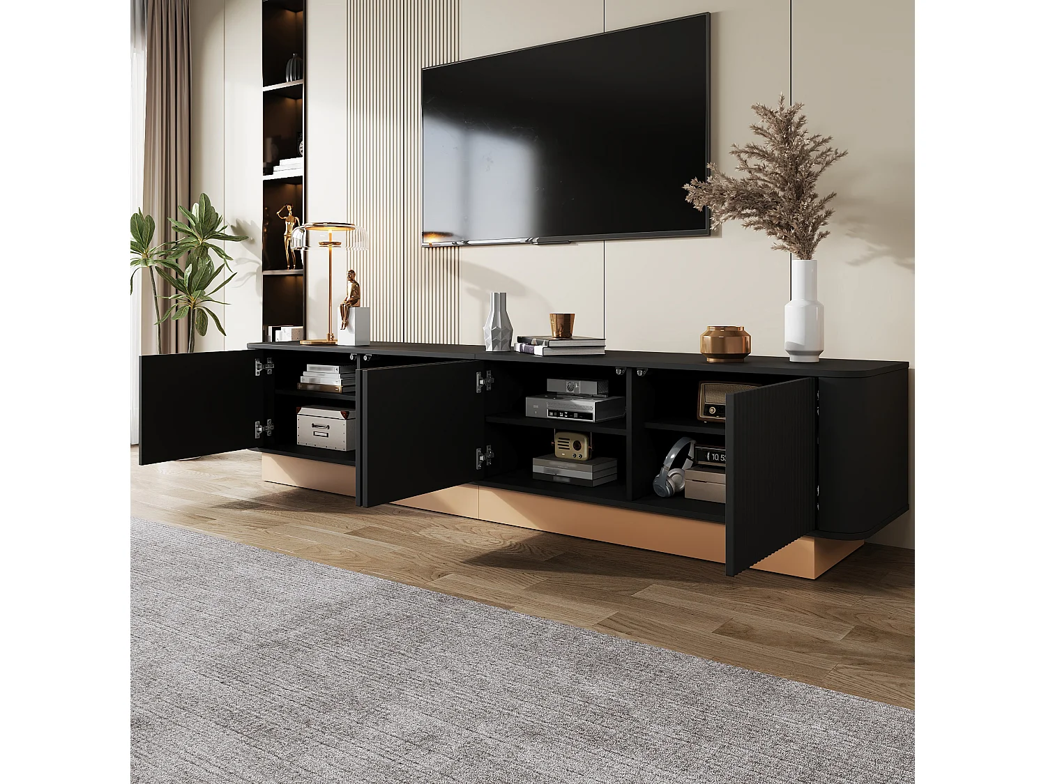 Meuble TV 200 cm avec 4 portes et étagères réglables - Noir et bois clair