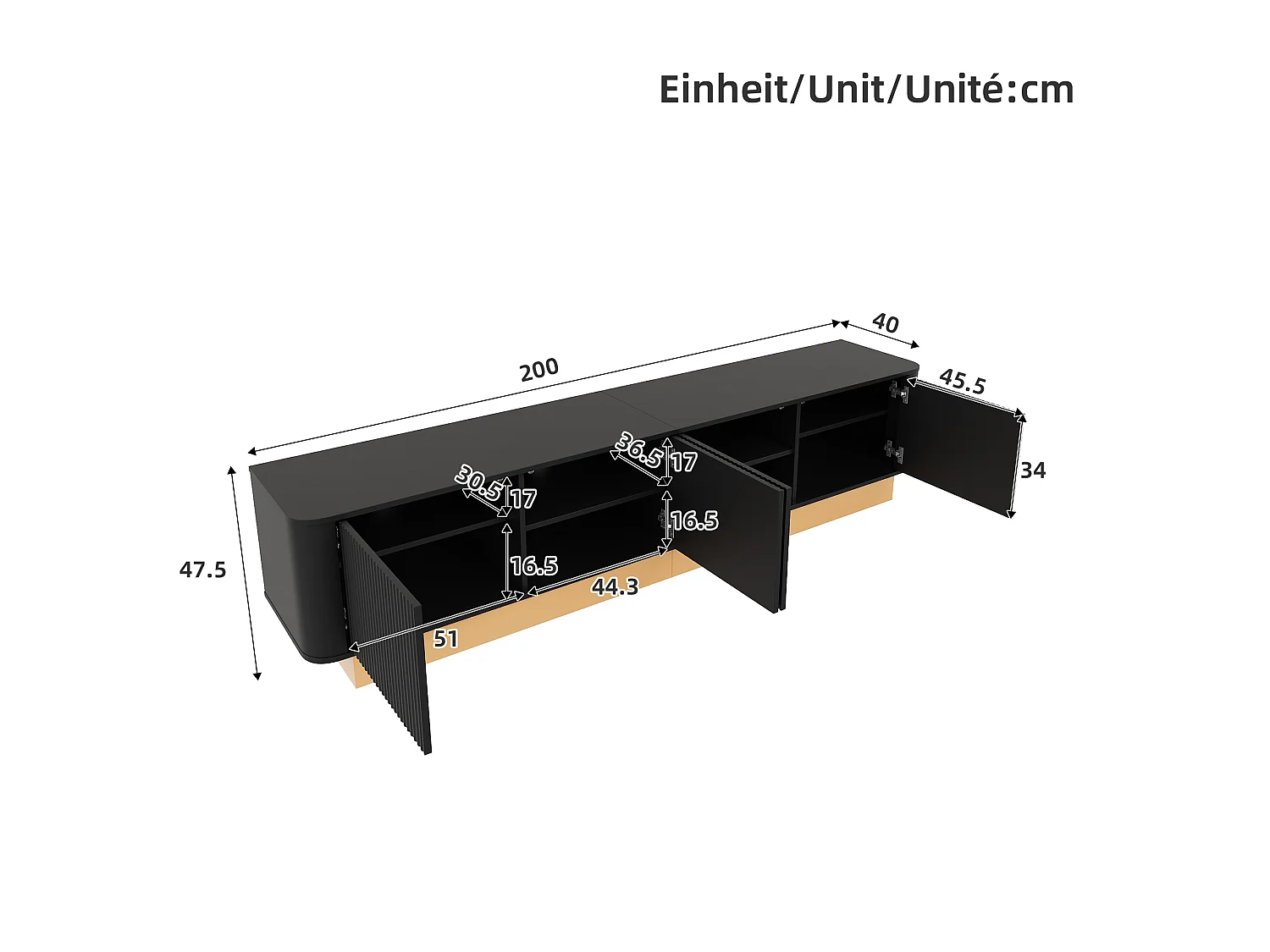 Meuble TV 200 cm avec 4 portes et étagères réglables - Noir et bois clair