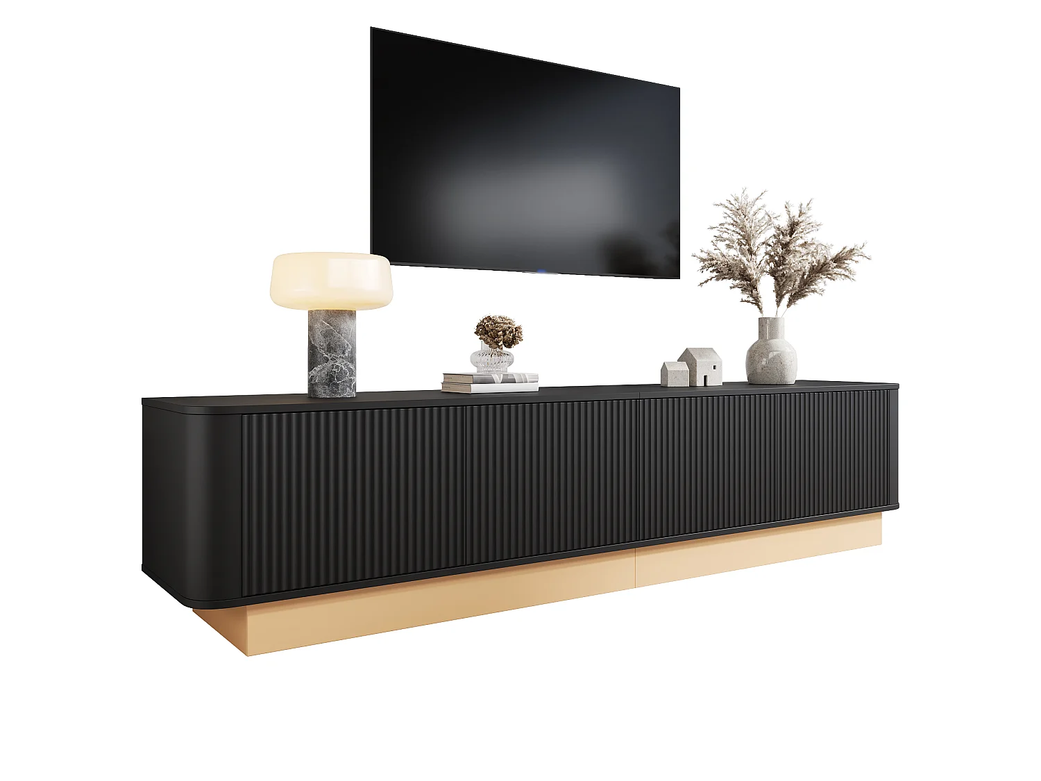 Meuble TV 200 cm avec 4 portes et étagères réglables - Noir et bois clair