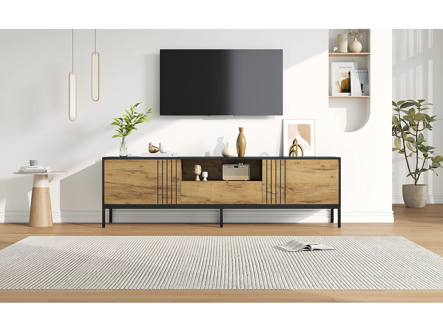 Meuble TV noir et bois avec 2 portes et 1 tiroir - Pour télé 70 pouces 170 x 35 x 50 cm