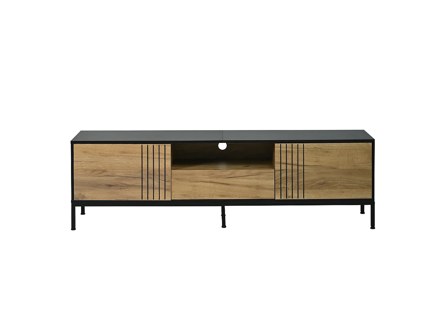 Meuble TV noir et bois avec 2 portes et 1 tiroir - Pour télé 70 pouces 170 x 35 x 50 cm