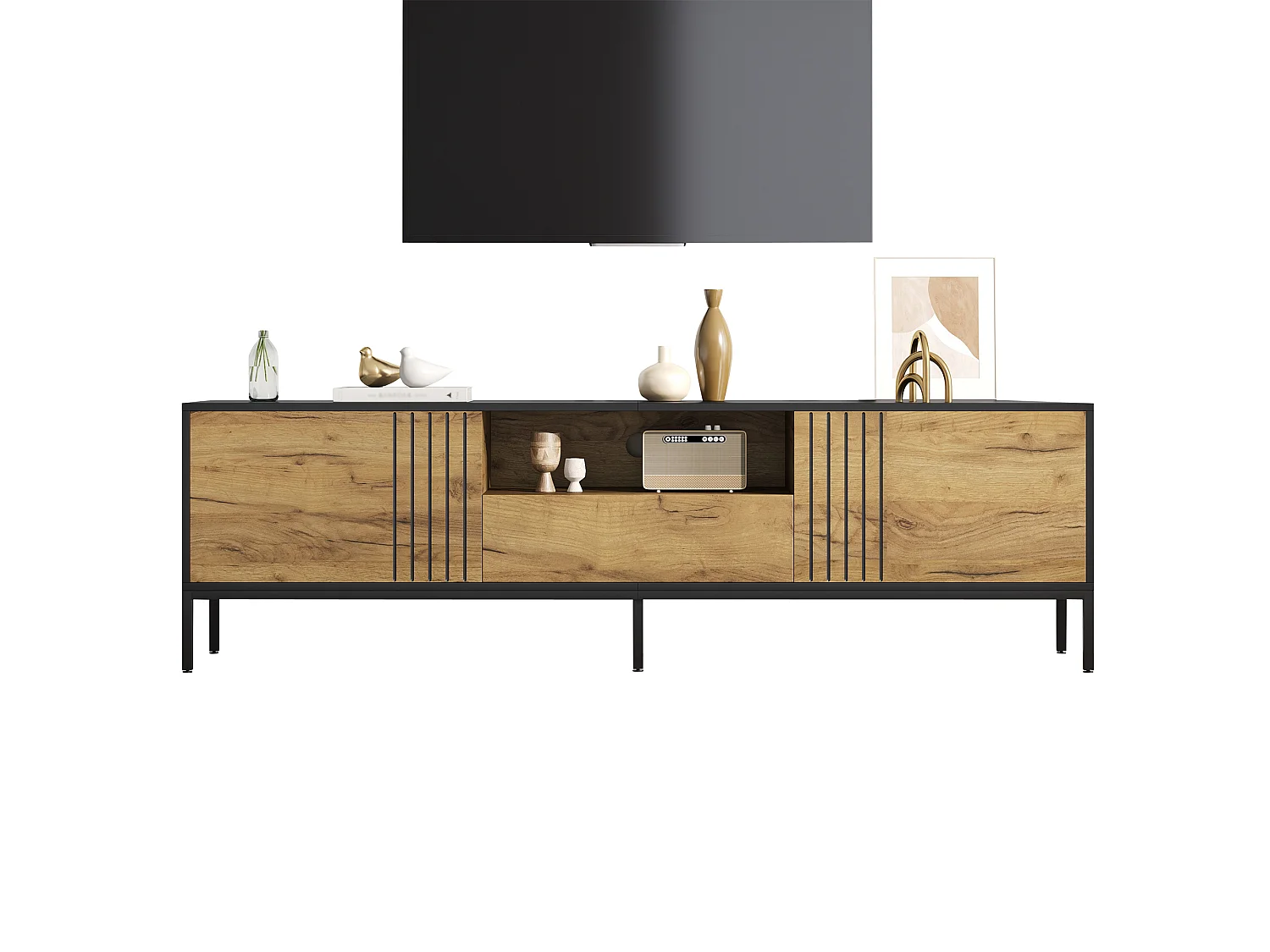 Meuble TV noir et bois avec 2 portes et 1 tiroir - Pour télé 70 pouces 170 x 35 x 50 cm