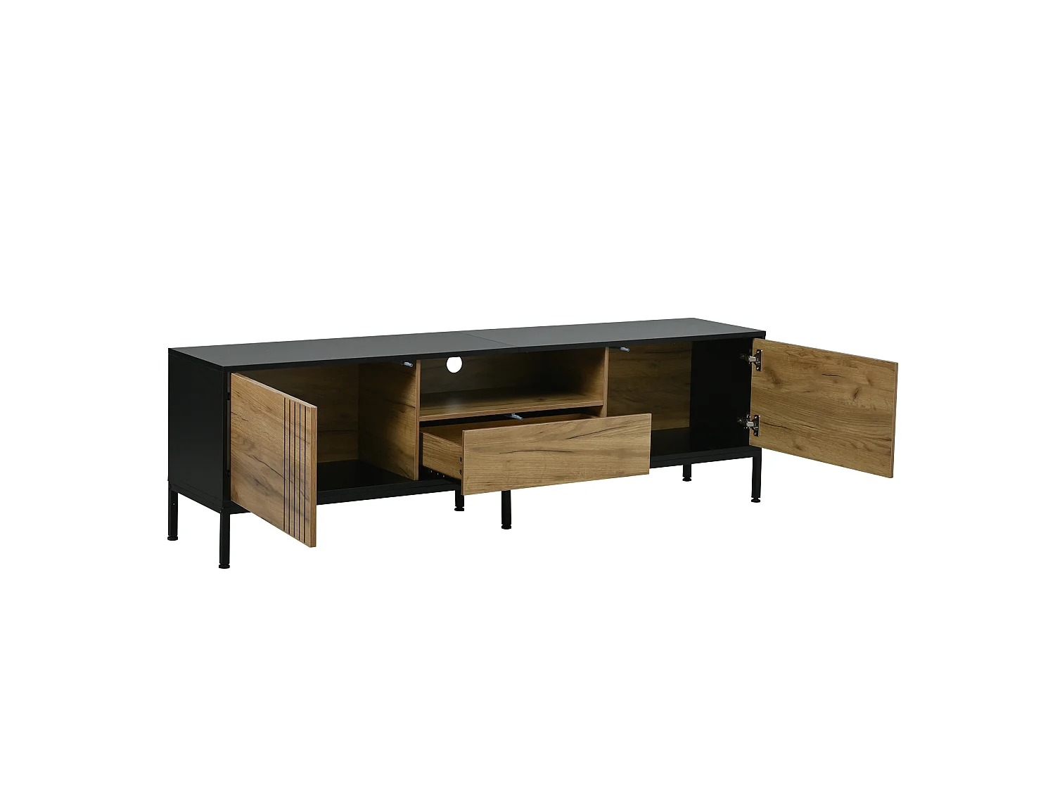 Meuble TV noir et bois avec 2 portes et 1 tiroir - Pour télé 70 pouces 170 x 35 x 50 cm