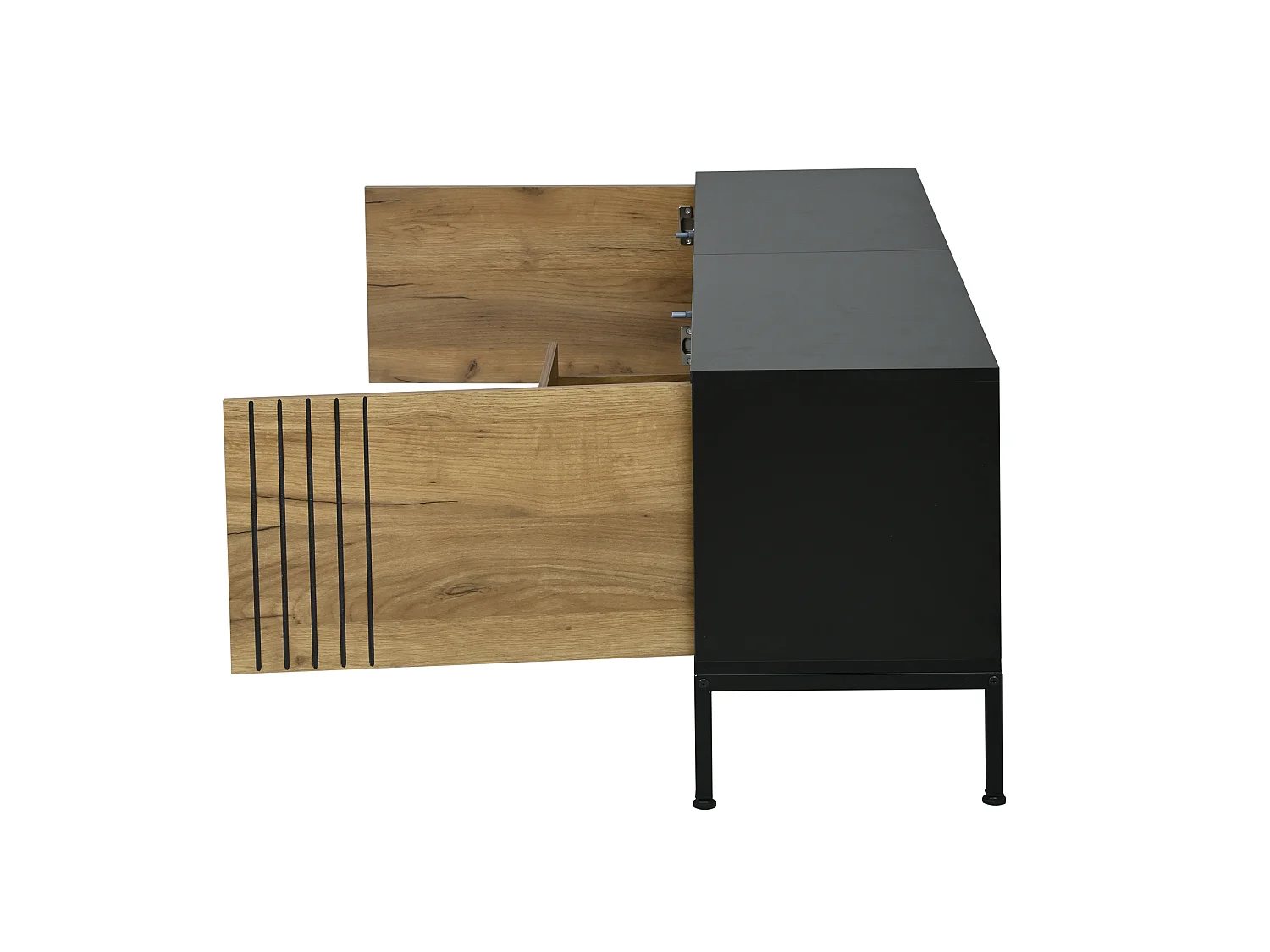 Meuble TV noir et bois avec 2 portes et 1 tiroir - Pour télé 70 pouces 170 x 35 x 50 cm