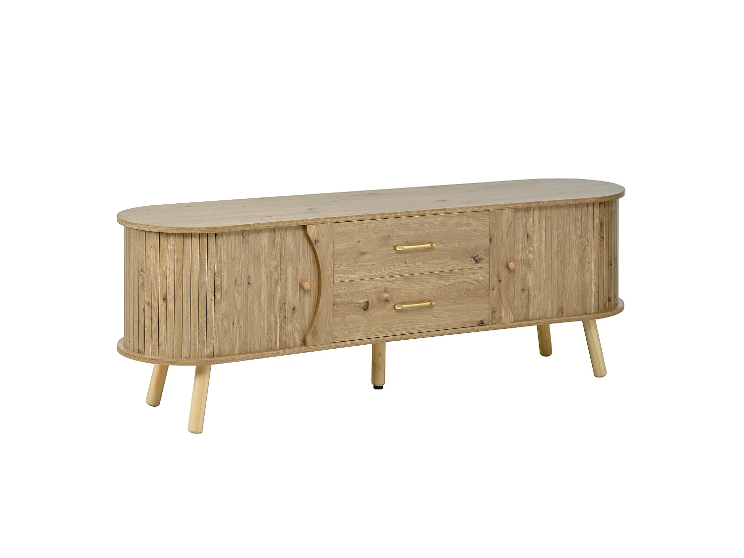 TV-meubel met 2 schuifdeuren en 2 lades - Licht naturel, 160x36,5x55 cm