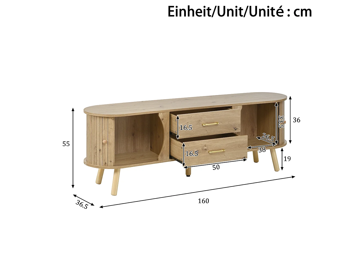 TV-meubel met 2 schuifdeuren en 2 lades - Licht naturel, 160x36,5x55 cm
