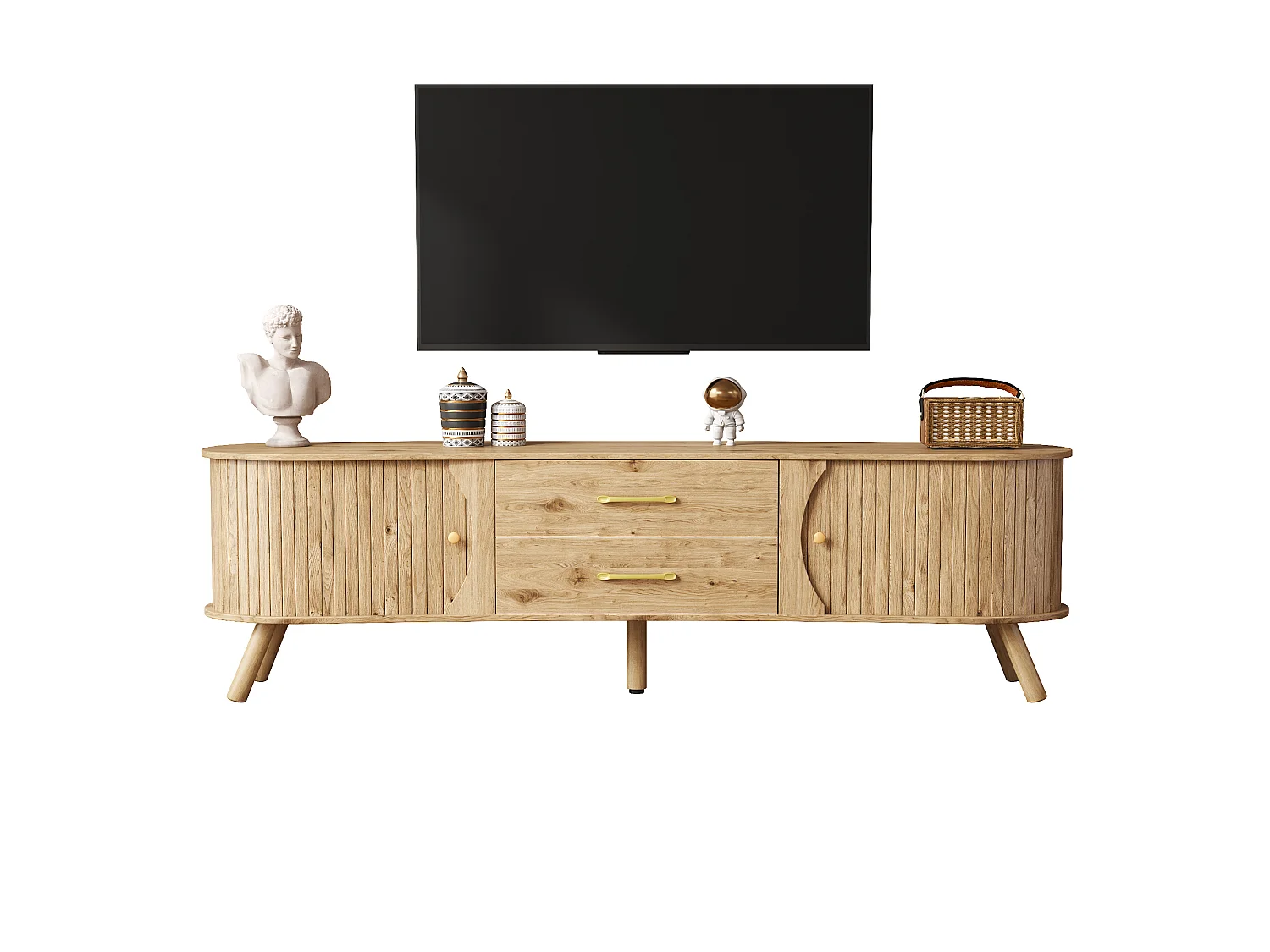 TV-meubel met 2 schuifdeuren en 2 lades - Licht naturel, 160x36,5x55 cm