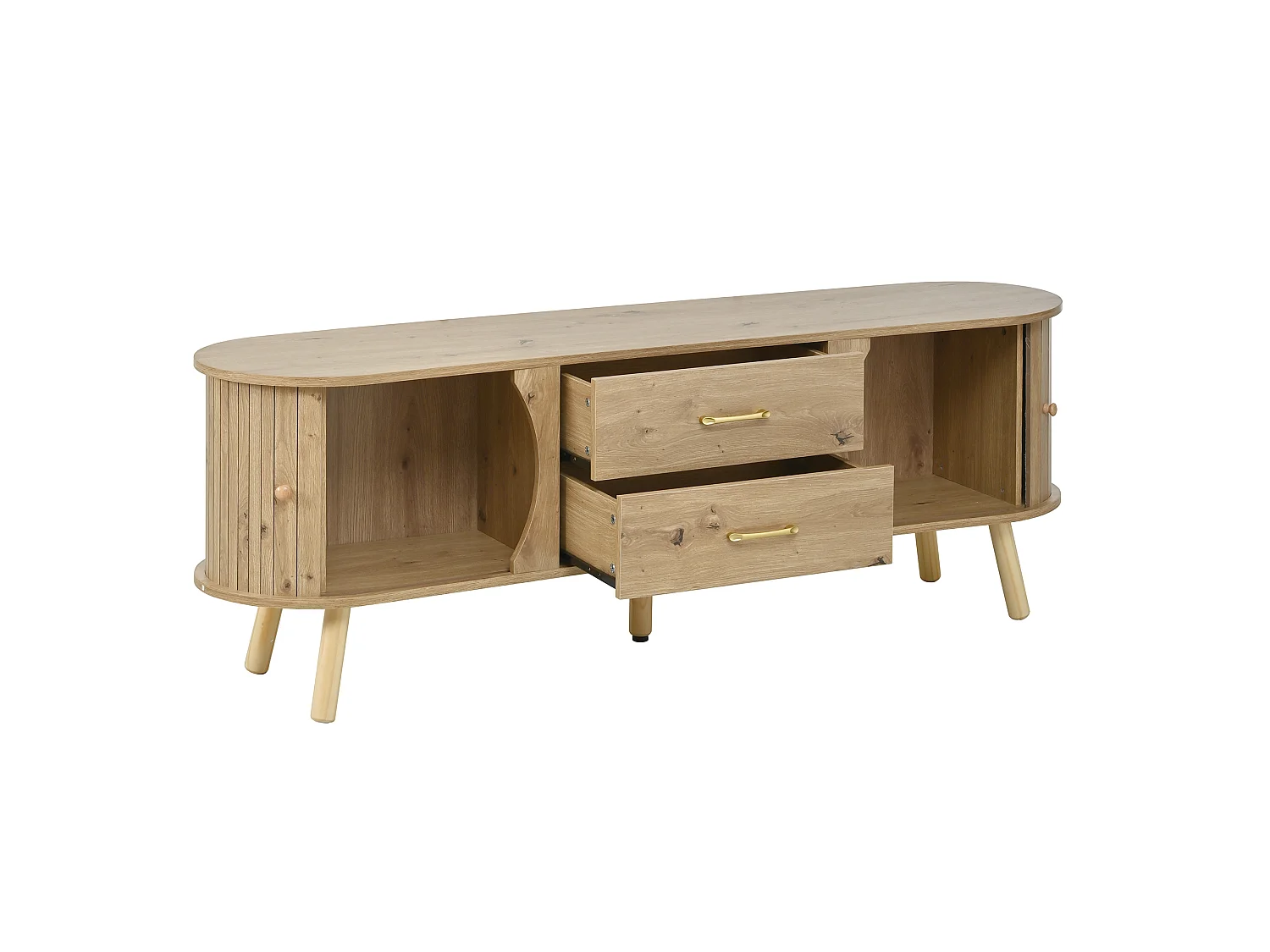 TV-meubel met 2 schuifdeuren en 2 lades - Licht naturel, 160x36,5x55 cm