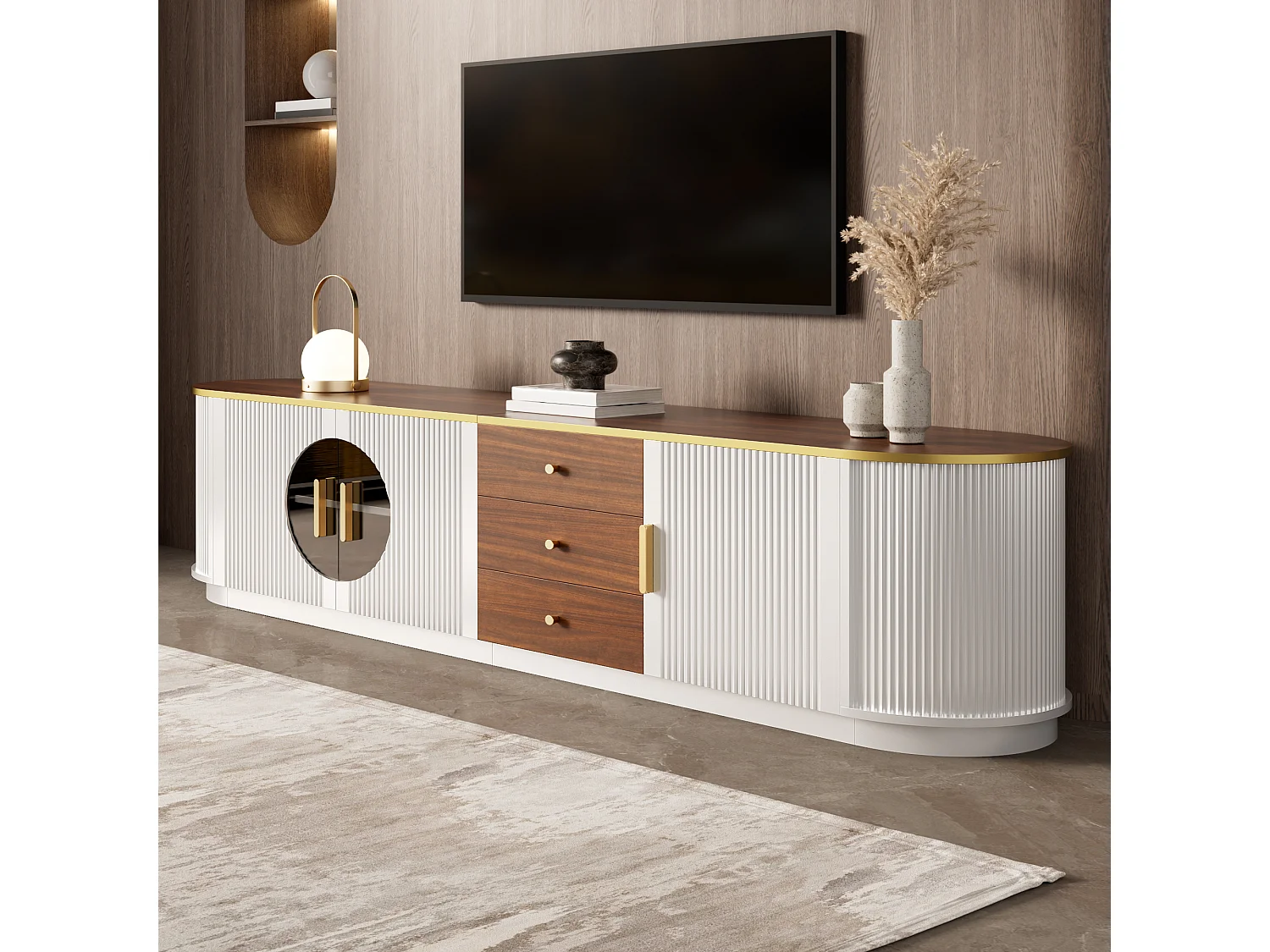 Meuble TV de luxe 180x40x46cm - 3 portes et 3 tiroirs - Verre brun - Angles arrondis - MDF - Blanc