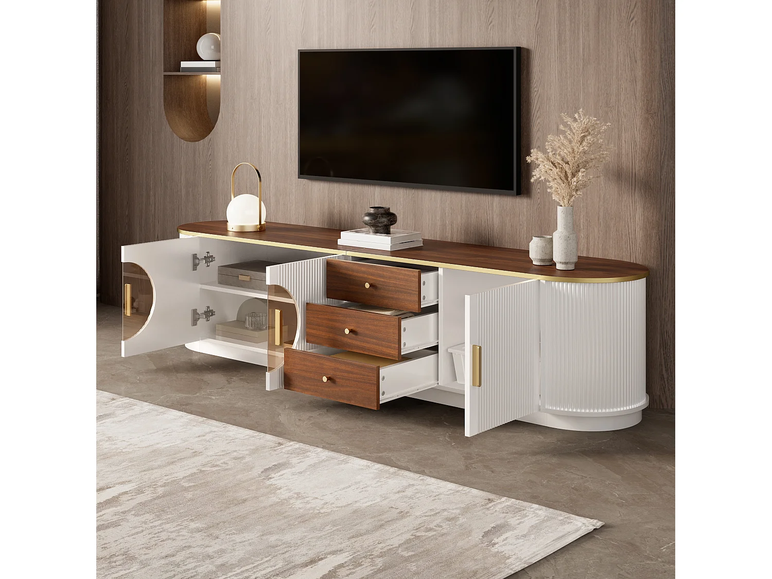 Meuble TV de luxe 180x40x46cm - 3 portes et 3 tiroirs - Verre brun - Angles arrondis - MDF - Blanc