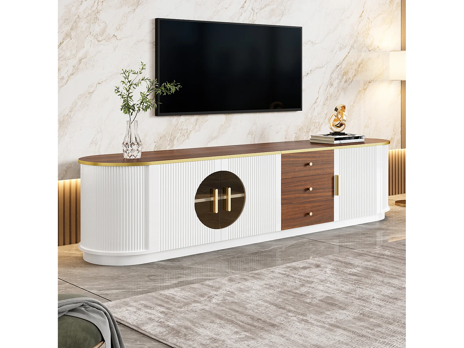 Meuble TV de luxe 180x40x46cm - 3 portes et 3 tiroirs - Verre brun - Angles arrondis - MDF - Blanc
