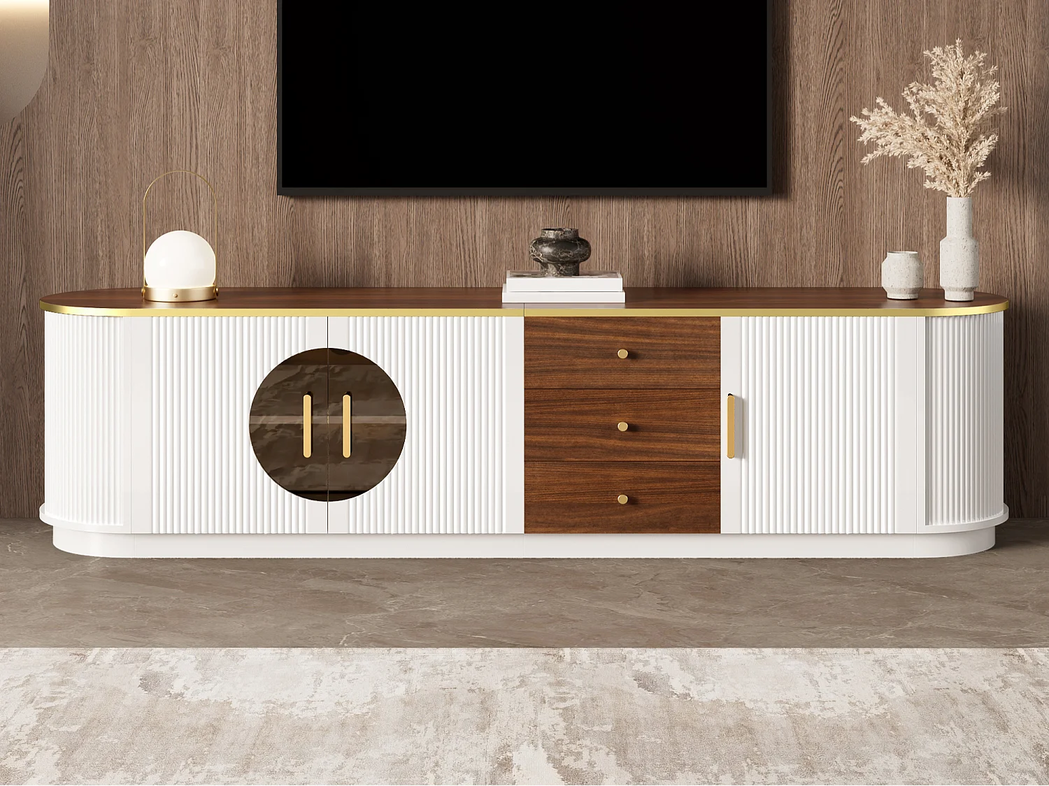 Meuble TV de luxe 180x40x46cm - 3 portes et 3 tiroirs - Verre brun - Angles arrondis - MDF - Blanc