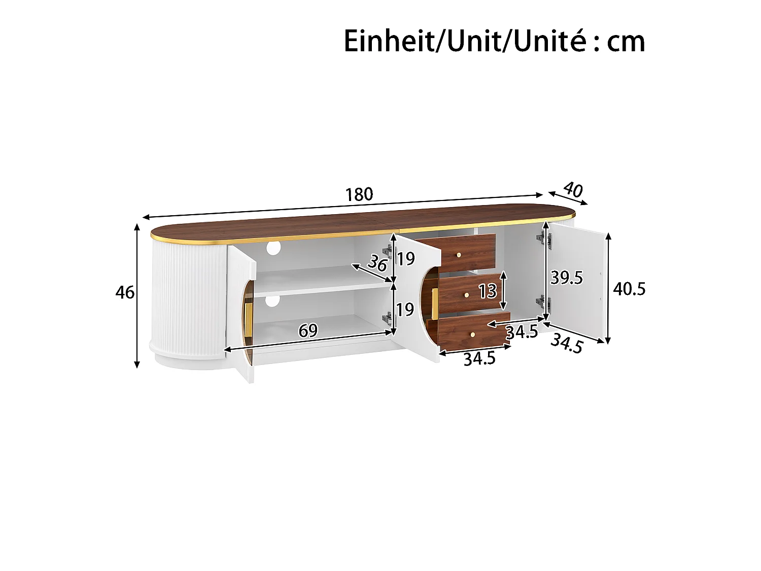 Meuble TV de luxe 180x40x46cm - 3 portes et 3 tiroirs - Verre brun - Angles arrondis - MDF - Blanc
