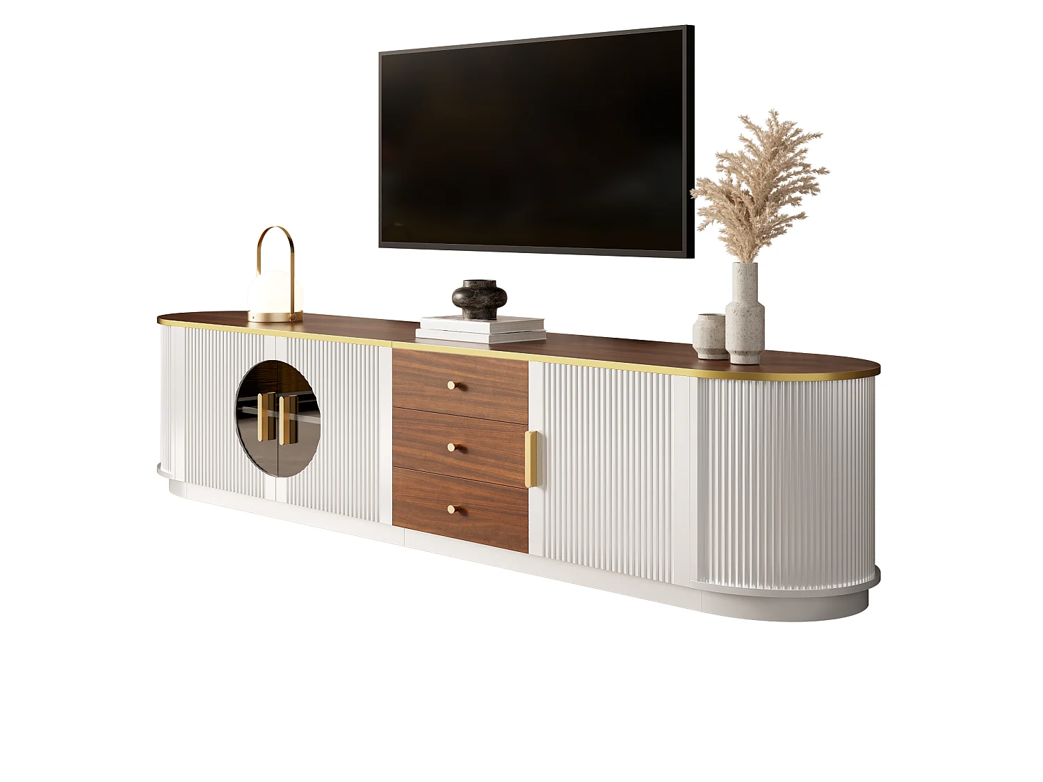 Meuble TV de luxe 180x40x46cm - 3 portes et 3 tiroirs - Verre brun - Angles arrondis - MDF - Blanc
