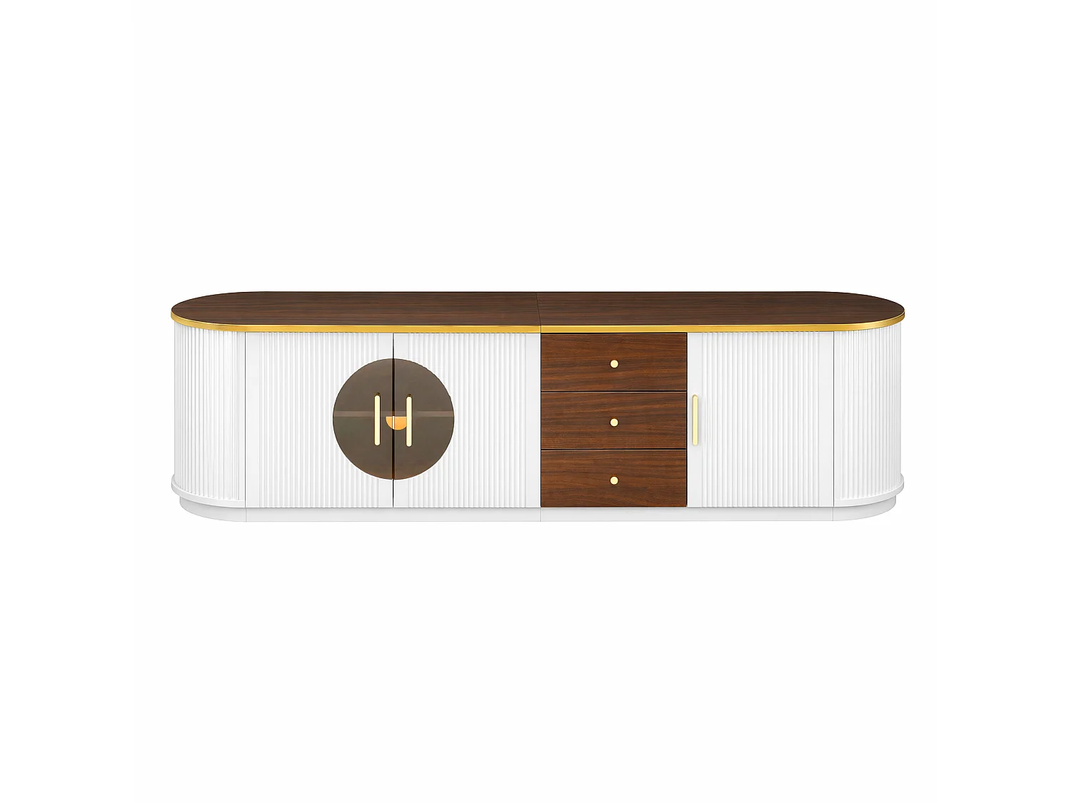 Meuble TV de luxe 180x40x46cm - 3 portes et 3 tiroirs - Verre brun - Angles arrondis - MDF - Blanc