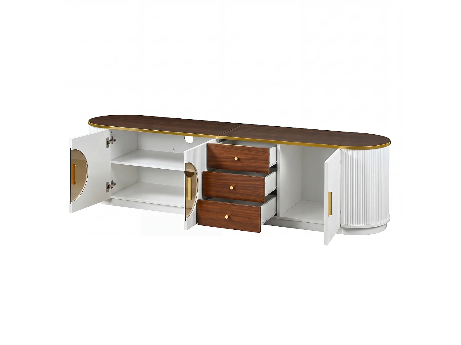 Meuble TV de luxe 180x40x46cm - 3 portes et 3 tiroirs - Verre brun - Angles arrondis - MDF - Blanc