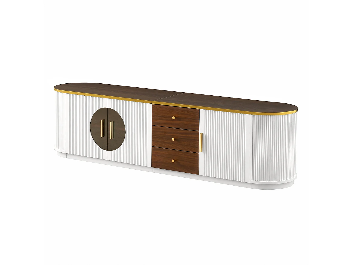 Meuble TV de luxe 180x40x46cm - 3 portes et 3 tiroirs - Verre brun - Angles arrondis - MDF - Blanc