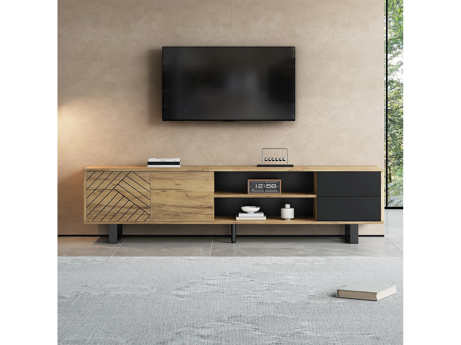 TV-Möbel in Holzoptik 180x40x50 cm - 2 Türen und 2 Schubladen - Metallfüße - Spanplatten - Natur + Schwarz