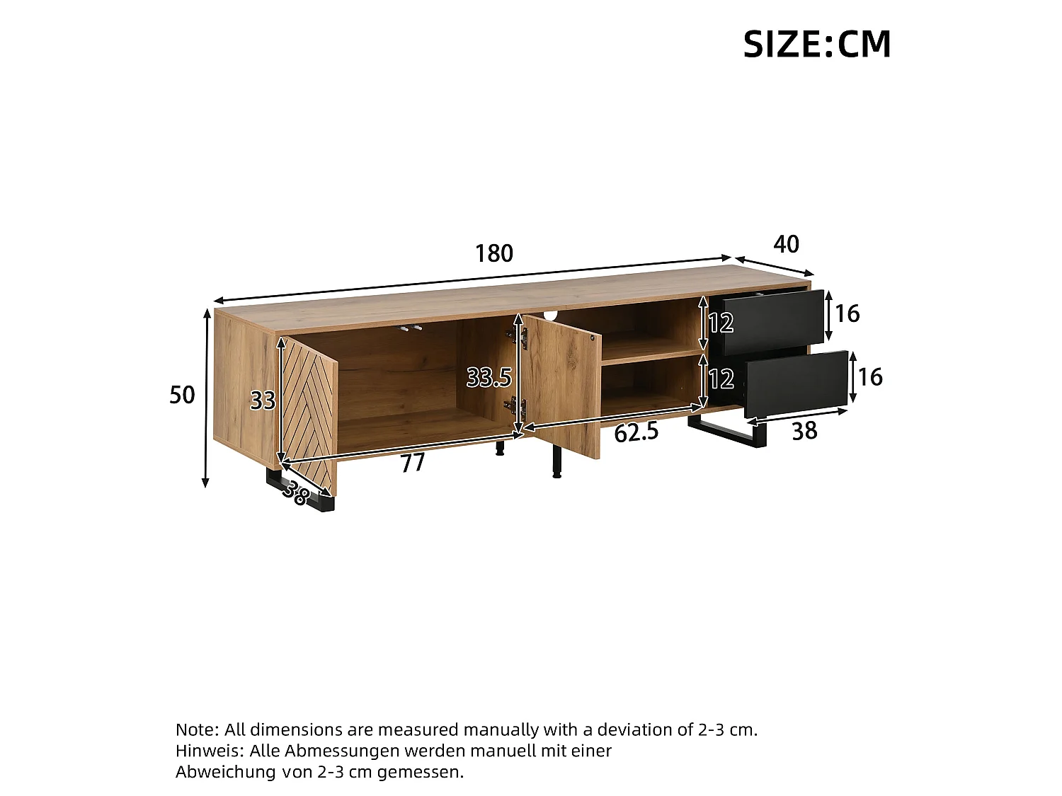 TV-Möbel in Holzoptik 180x40x50 cm - 2 Türen und 2 Schubladen - Metallfüße - Spanplatten - Natur + Schwarz