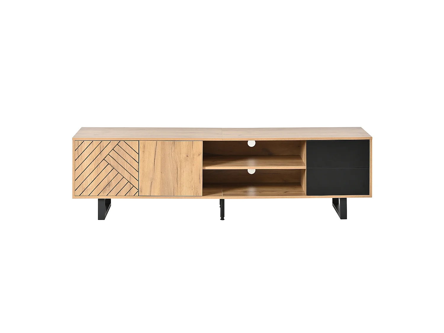 TV-Möbel in Holzoptik 180x40x50 cm - 2 Türen und 2 Schubladen - Metallfüße - Spanplatten - Natur + Schwarz