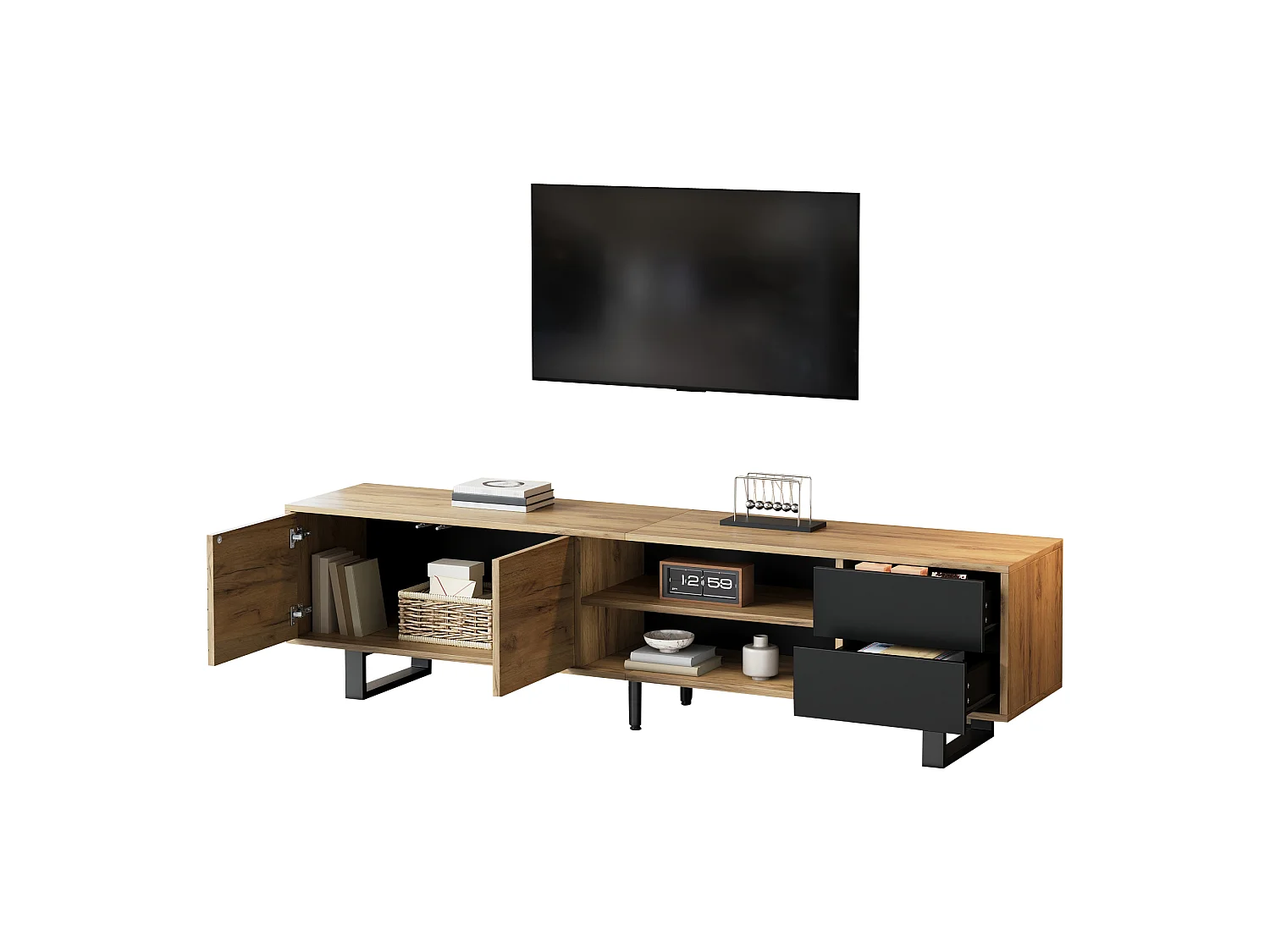 TV-Möbel in Holzoptik 180x40x50 cm - 2 Türen und 2 Schubladen - Metallfüße - Spanplatten - Natur + Schwarz