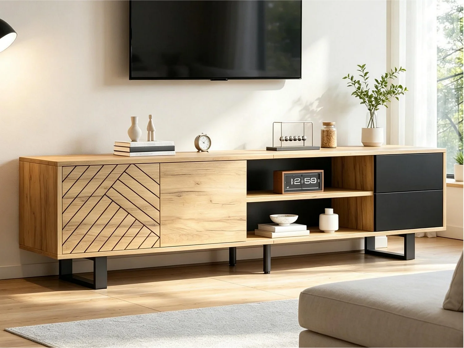 TV-Möbel in Holzoptik 180x40x50 cm - 2 Türen und 2 Schubladen - Metallfüße - Spanplatten - Natur + Schwarz