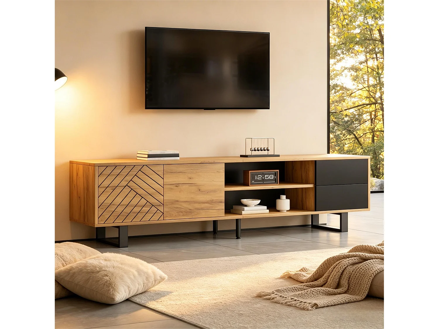 TV-Möbel in Holzoptik 180x40x50 cm - 2 Türen und 2 Schubladen - Metallfüße - Spanplatten - Natur + Schwarz
