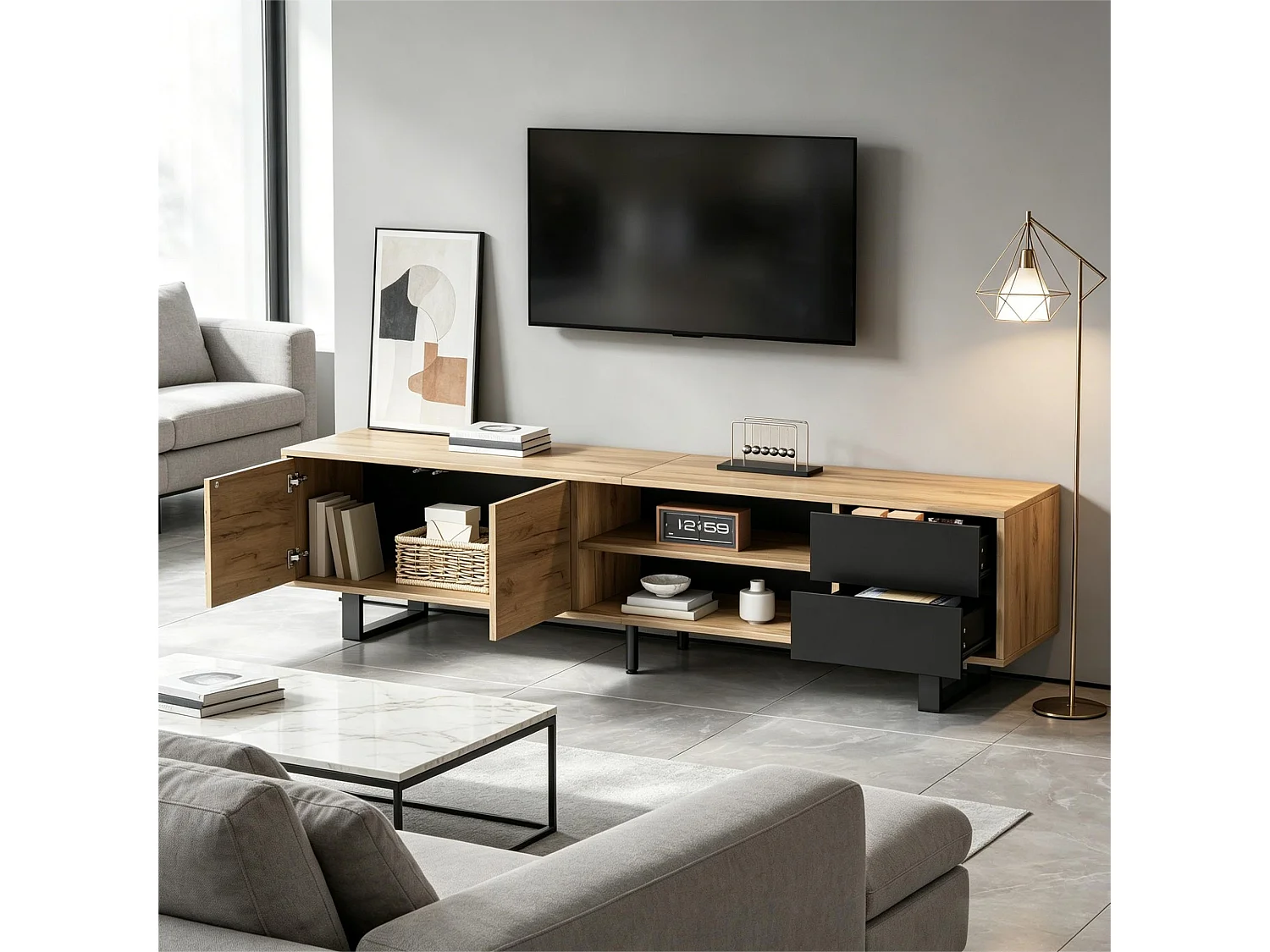TV-Möbel in Holzoptik 180x40x50 cm - 2 Türen und 2 Schubladen - Metallfüße - Spanplatten - Natur + Schwarz
