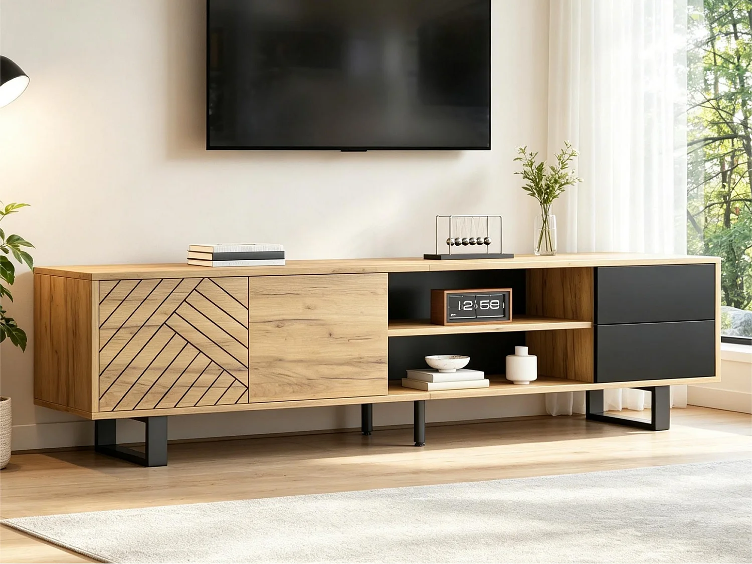 TV-Möbel in Holzoptik 180x40x50 cm - 2 Türen und 2 Schubladen - Metallfüße - Spanplatten - Natur + Schwarz