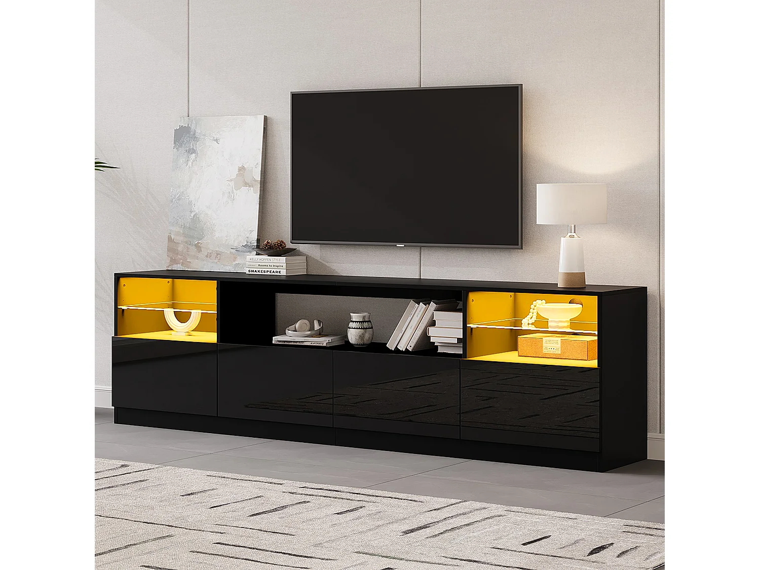 Meuble TV laqué brillant 180x35x60 cm - avec éclairage LED - 4 portes et 8 compartiments de rangement - Noir