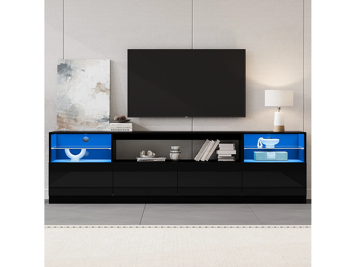 Meuble TV laqué brillant 180x35x60 cm - avec éclairage LED - 4 portes et 8 compartiments de rangement - Noir